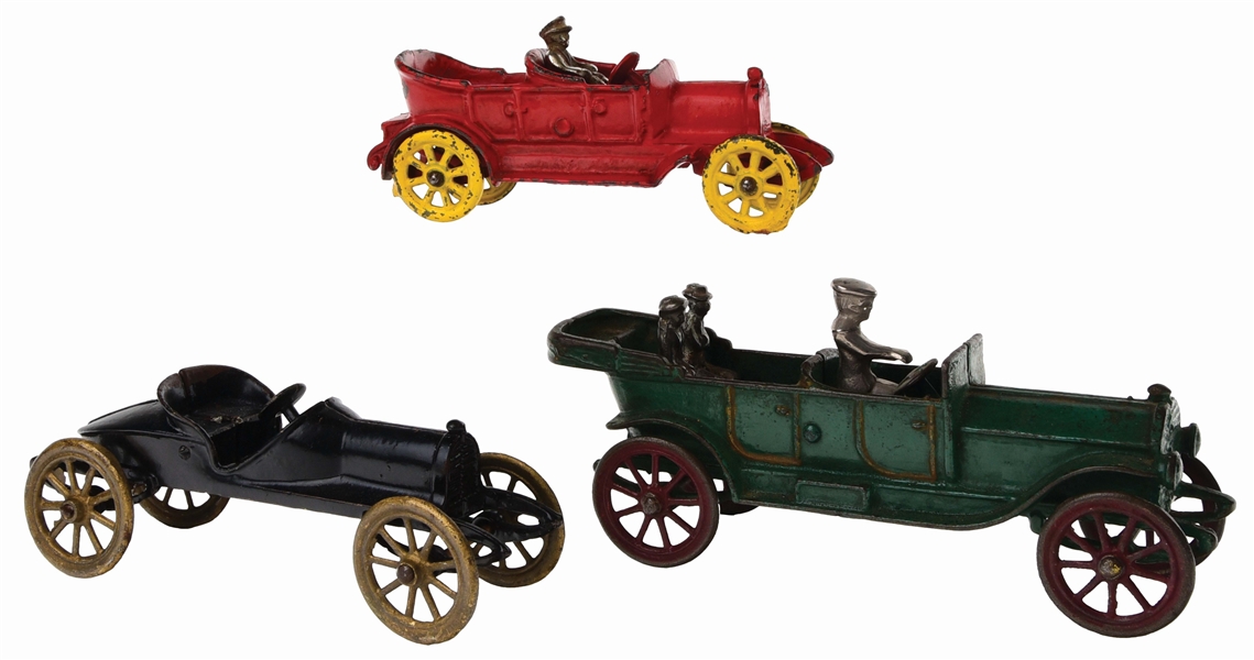 LOT OF 3: AMERICAN MADE CAST-IRON EARLY VEHICLE TOYS.