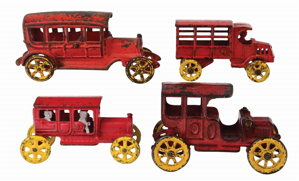 LOT OF 4: AMERICAN MADE CAST-IRON EARLY VEHICLE TOYS.