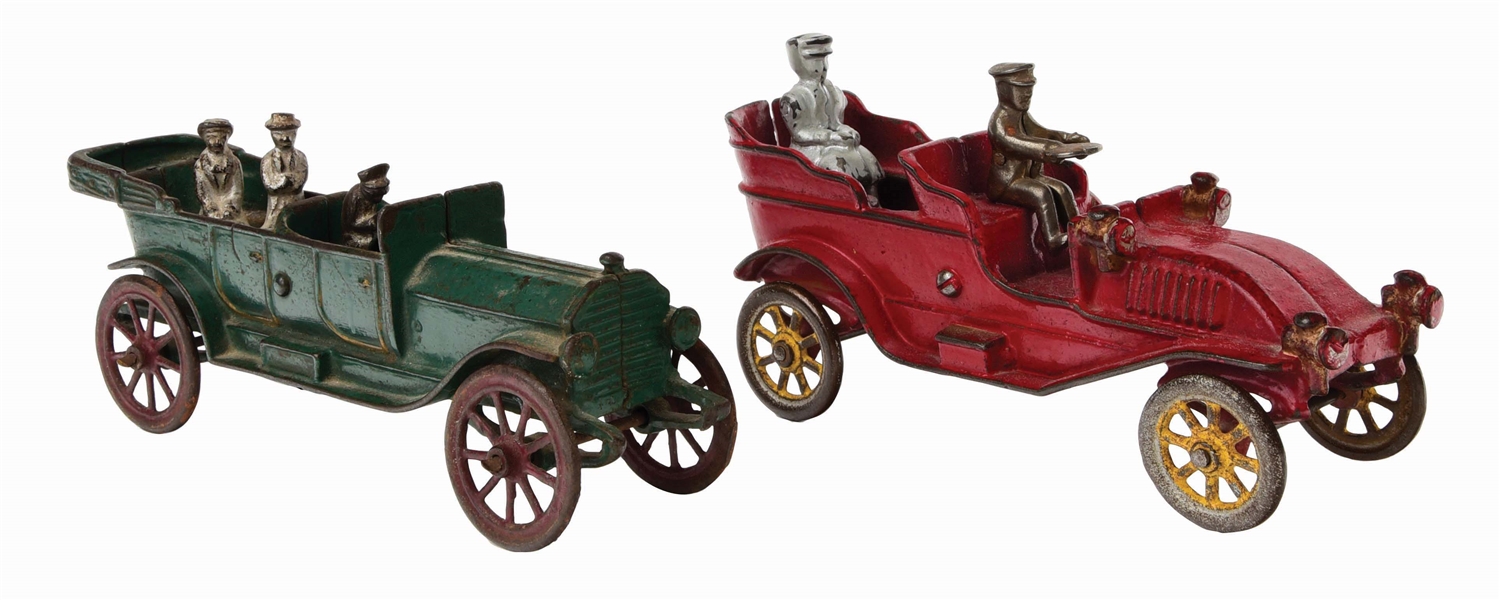 LOT OF 2: AMERICAN MADE CAST-IRON EARLY OPEN TOURING AUTOMOBILES.