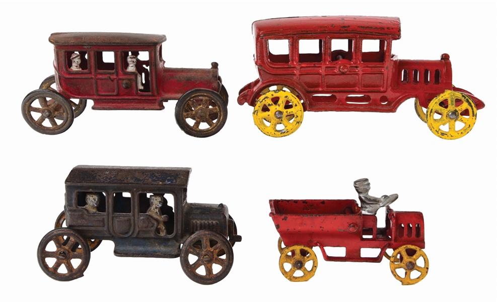 LOT OF 4: EARLY AMERICAN MADE CAST-IRON VEHICLE TOYS.