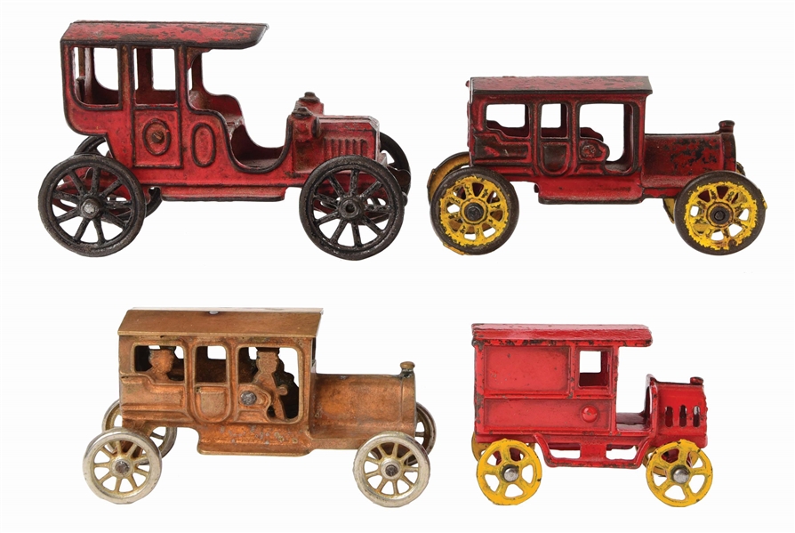 LOT OF 4: EARLY CAST-IRON AMERICAN MADE VEHICLE TOYS.