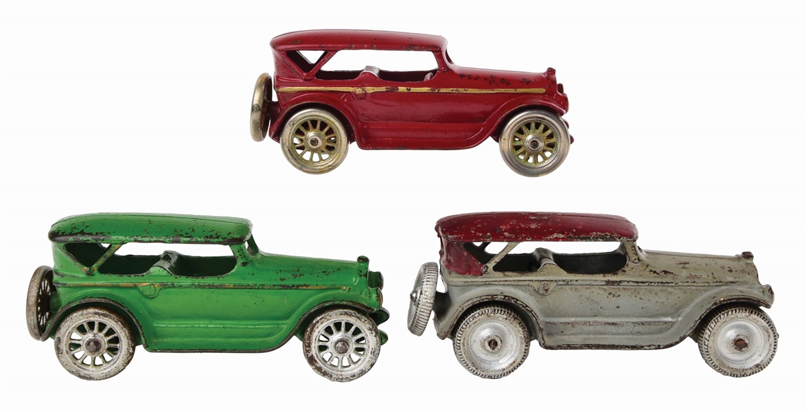 LOT OF 3: EARLY AMERICAN MADE CAST-IRON LINCOLN TOURING CARS.