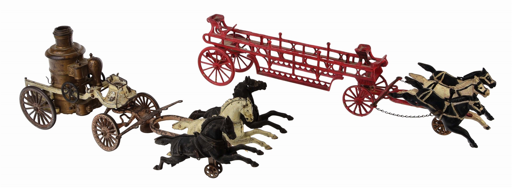 LOT OF 2: AMERICAN MADE HORSE-DRAWN FIRE PUMPER AND LADDER TOYS.