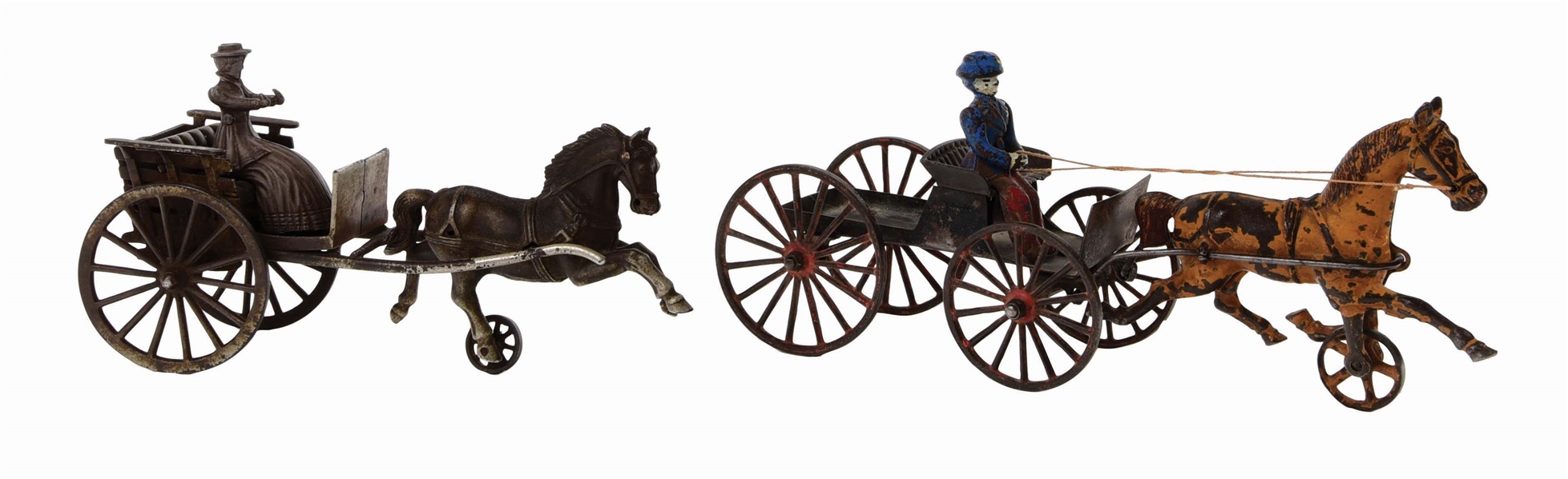 LOT OF 2: EARLY AMERICAN MADE HORSE-DRAWN CART TOYS.