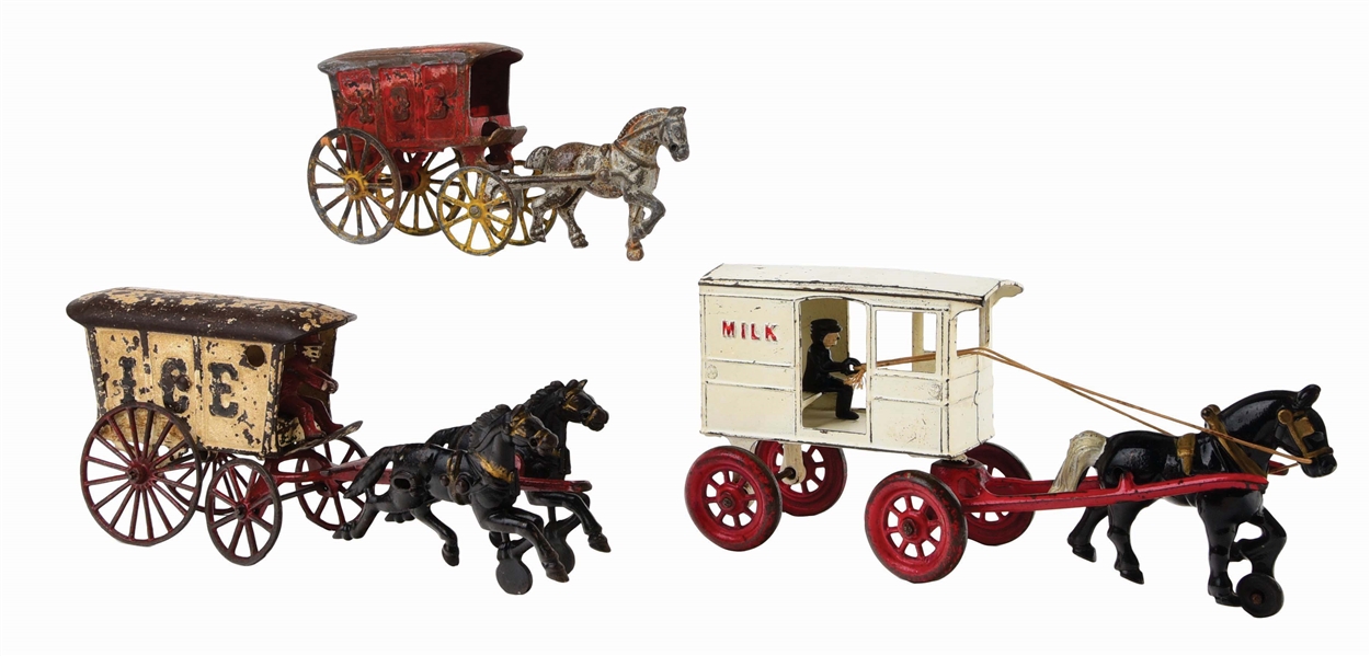 LOT OF 3: AMERICAN MADE CAST-IRON HORSE-DRAWN WAGON TOYS.