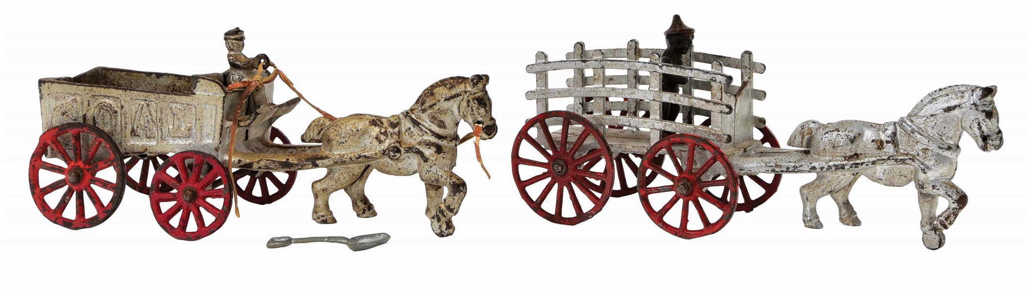 LOT OF 2: AMERICAN MADE CAST-IRON HORSE-DRAWN CART TOYS.