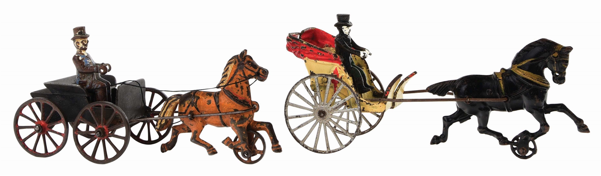 LOT OF 2: AMERICAN MADE CAST-IRON HORSE-DRAWN CART TOYS.