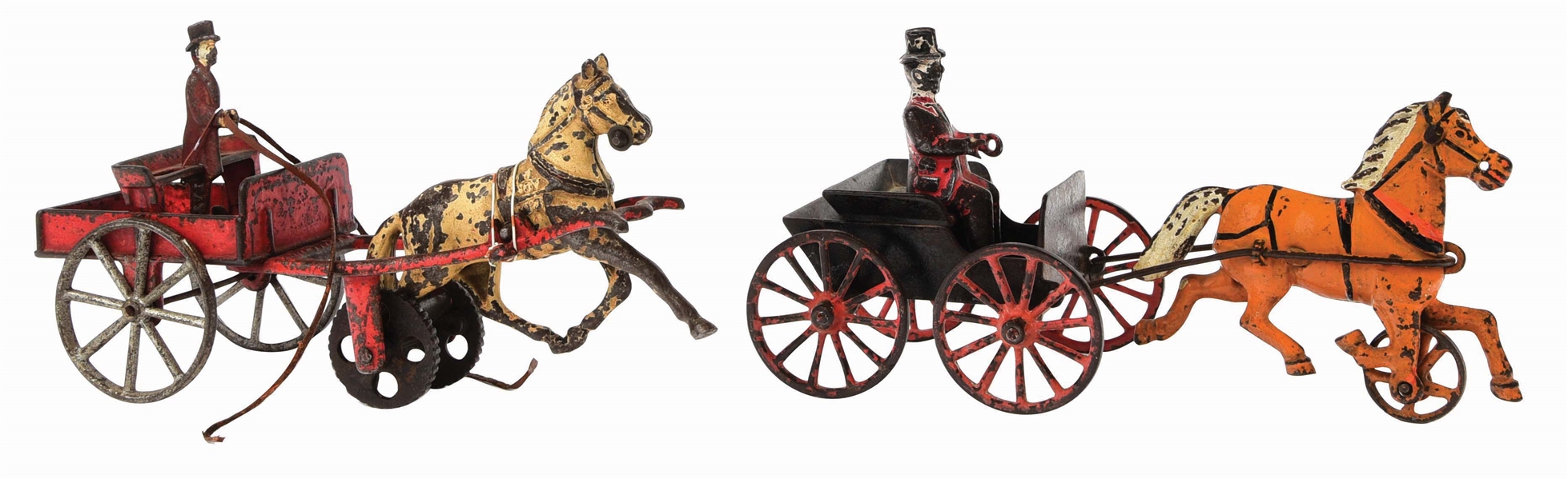 LOT OF 2: EARLY AMERICAN MADE CAST-IRON HORSE-DRAWN DOCTORS CARTS.