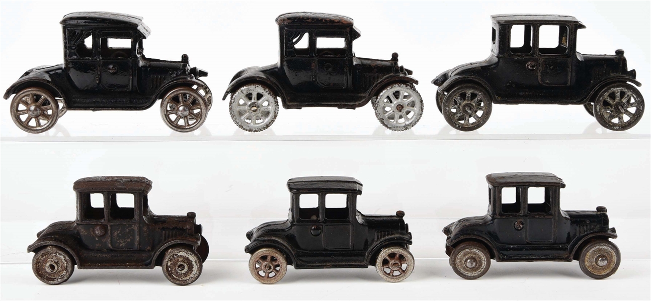 LOT OF 6: CAST-IRON AMERICAN MADE AUTOMOBILE TOYS.
