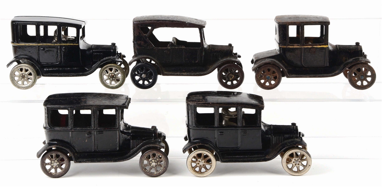 LOT OF 5: CAST-IRON ARCADE FORD AUTOMOBILES.