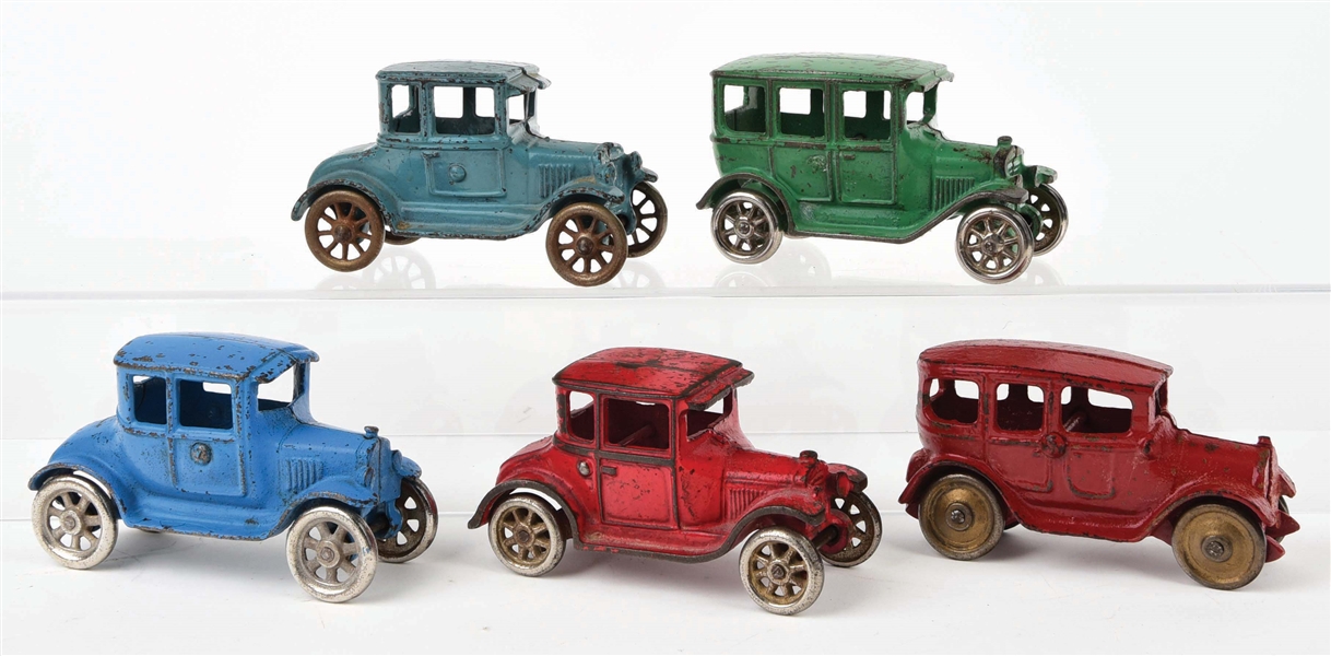 LOT OF 5: CAST-IRON AMERICAN MADE MOSTLY ARCADE COUPES AND SEDANS.