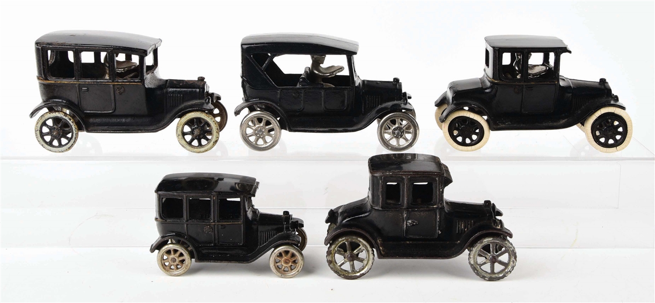 LOT OF 5: AMERICAN MADE CAST-IRON EARLY AUTOMOBILES.