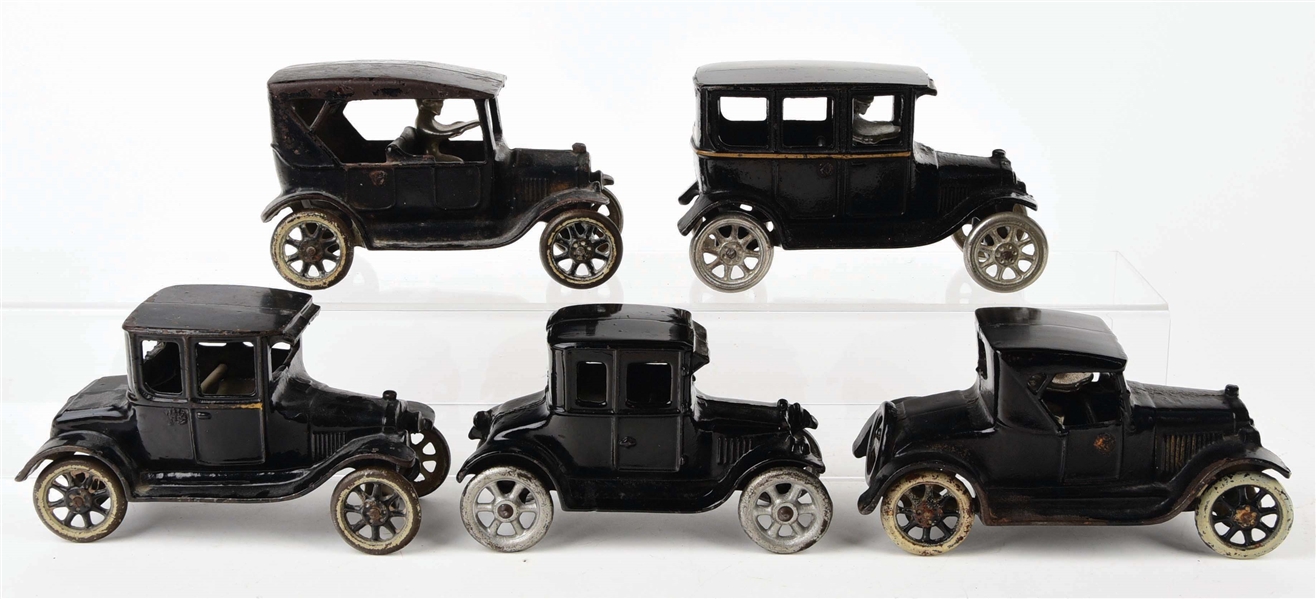 LOT OF 5: CAST-IRON AMERICAN MADE FORD AUTOMOBILES.