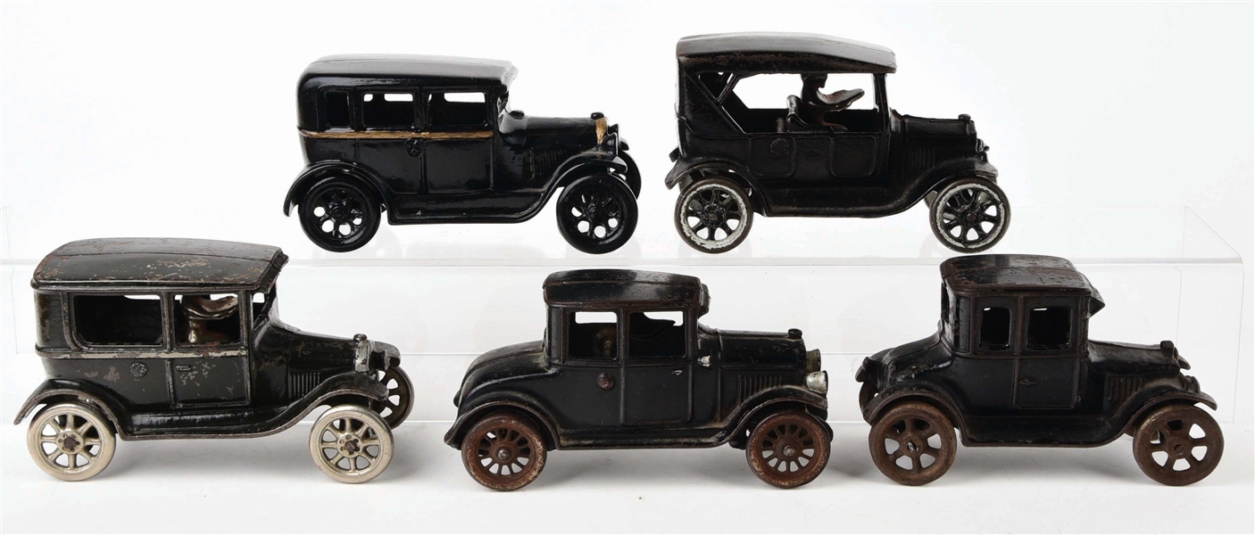 LOT OF 5: CAST-IRON AMERICAN MADE AUTOS.