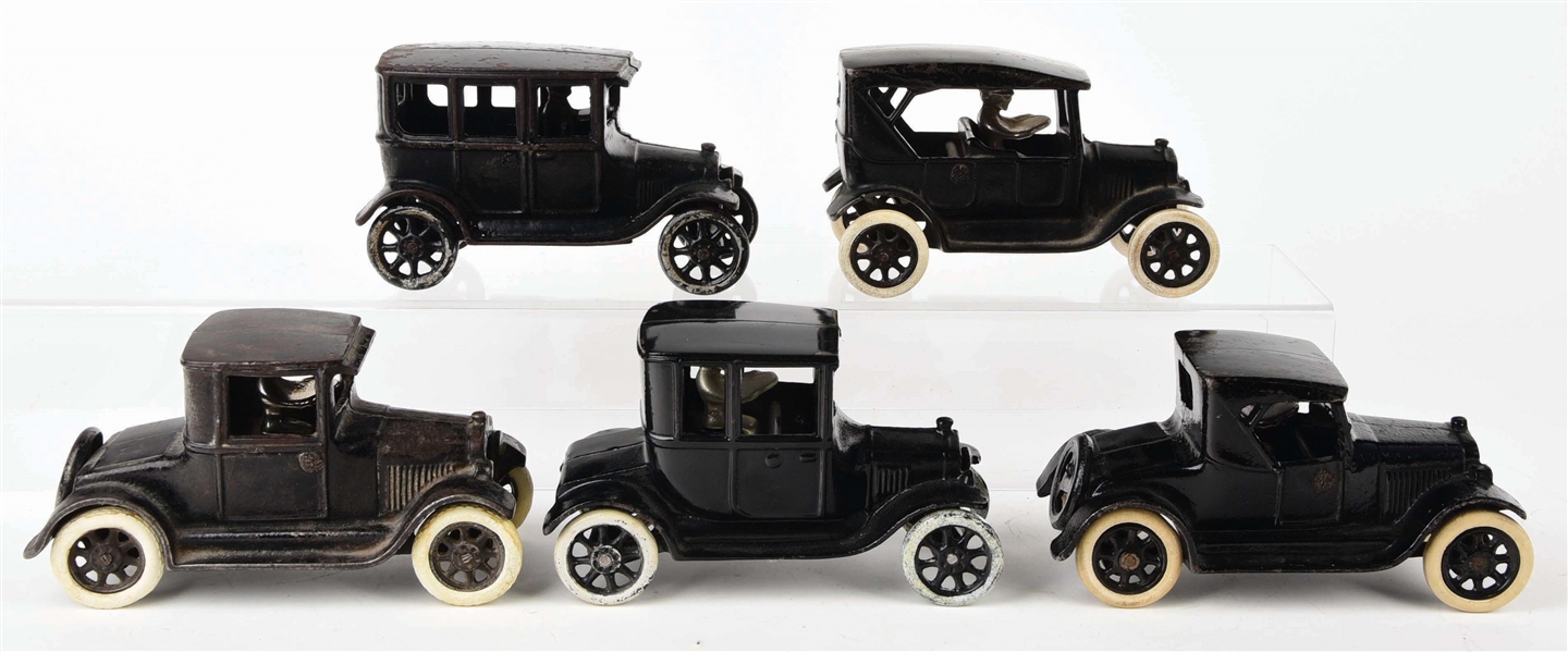 LOT OF 5: CAST-IRON ARCADE CHEVY AND FORD AUTOMOBILE TOYS.