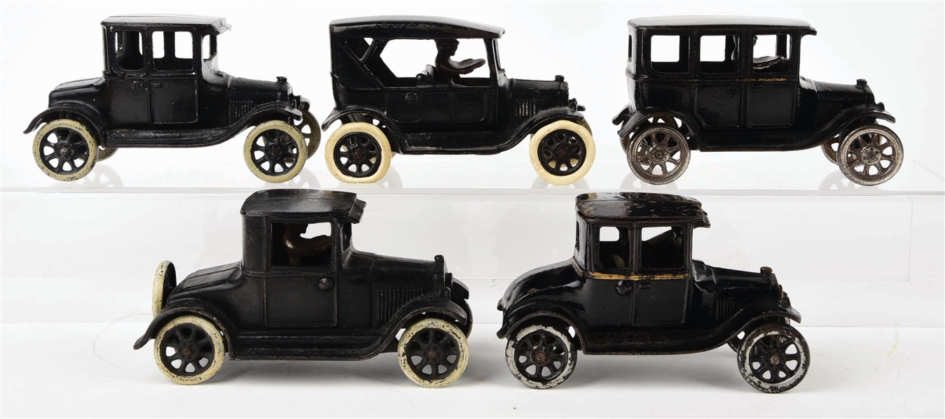 LOT OF 5: CAST-IRON AMERICAN MADE AUTOMOBILE TOYS.