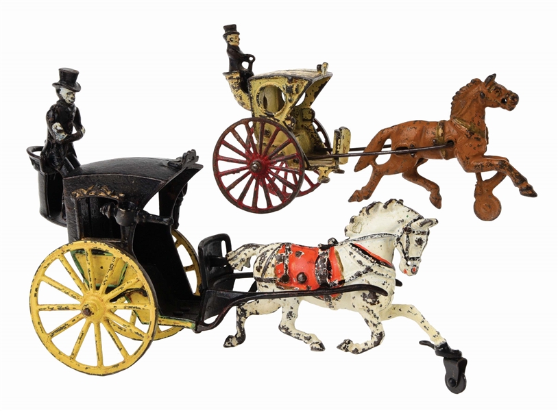 LOT OF 2: AMERICAN MADE CAST-IRON HORSE-DRAWN HANSON CAB TOYS.