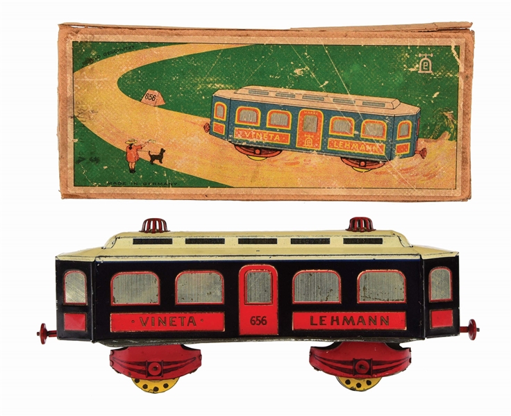 GERMAN LEHMANN TIN-LITHO VINETA MONORAIL TRAIN TOY IN ORIGINAL BOX.