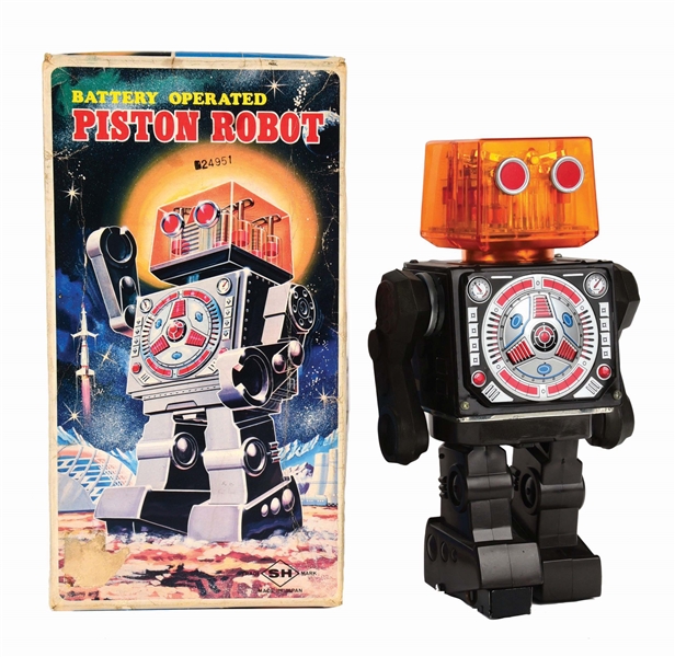 JAPANESE TIN-LITHO AND PLASTIC BATTERY-OPERATED PISTON ROBOT.