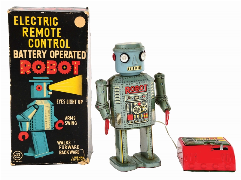 JAPANESE LINEMAR TIN-LITHO BATTERY-OPERATED REMOTE CONTROL R-35 ROBOT.
