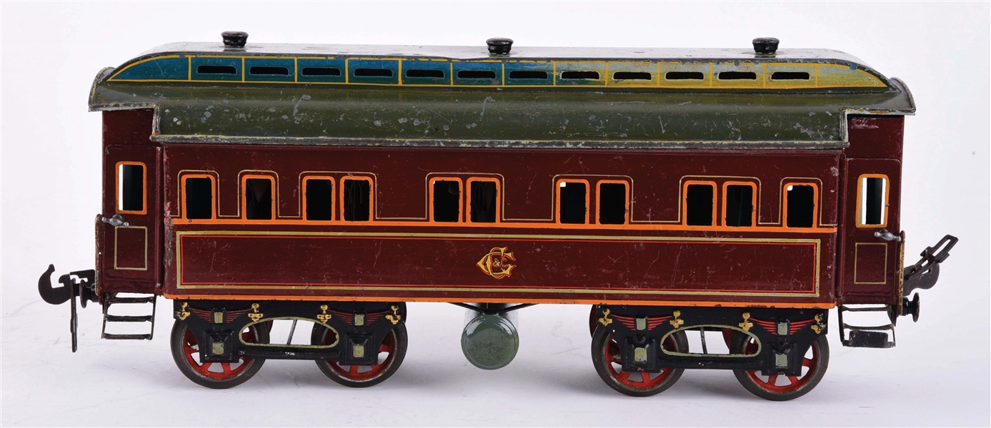 GERMAN HAND-PAINTED AND LITHOGRAPHIED SCARCE CARETTE 2 GAUGE PASSENGER CAR.