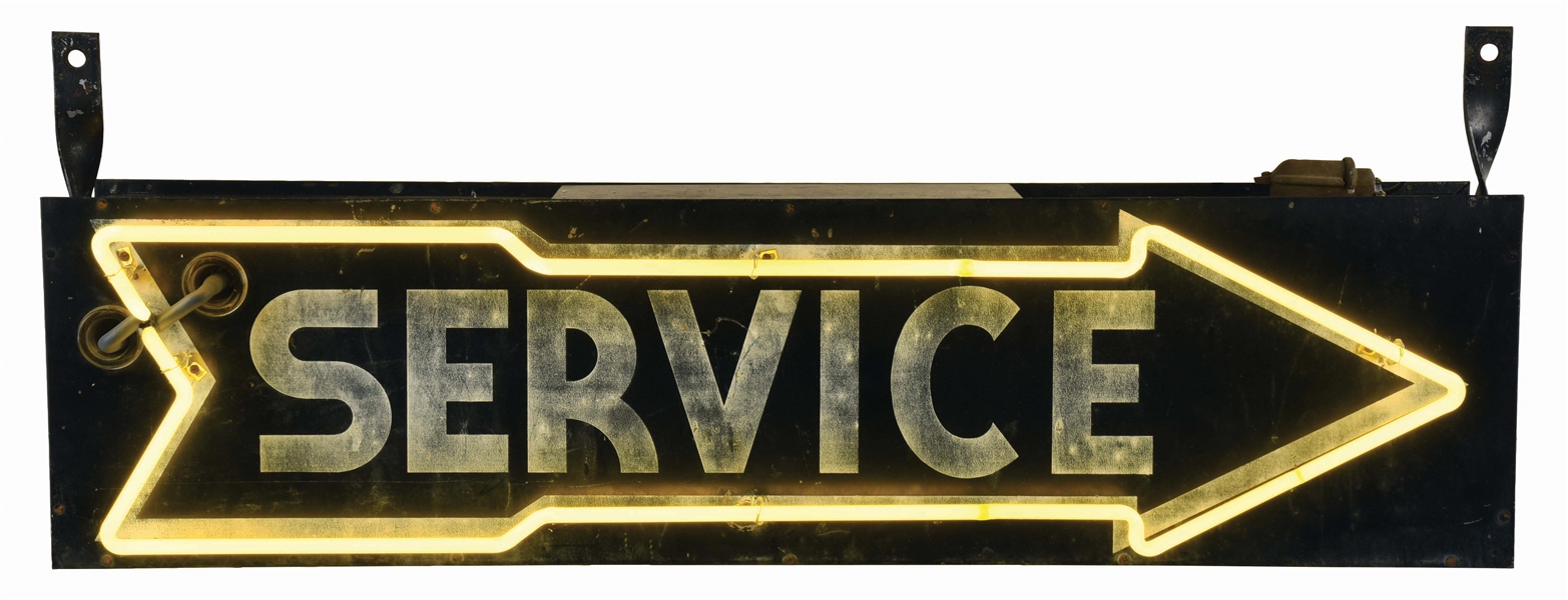DOUBLE SIDED SERVICE TIN NEON SIGN W/ ARROW GRAPHIC. 