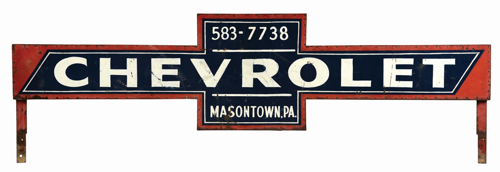 CHEVROLET DEALERSHIP HAND PAINTED PANEL TIN SIGN W/ METAL BACKING. 