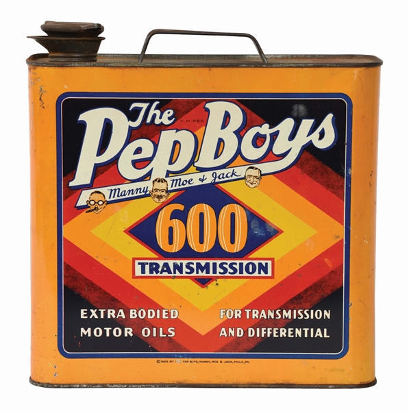 RARE PEP BOYS TRANSMISSION OIL ONE GALLON CAN W/ MANNY, MOE & JACK GRAPHICS. 