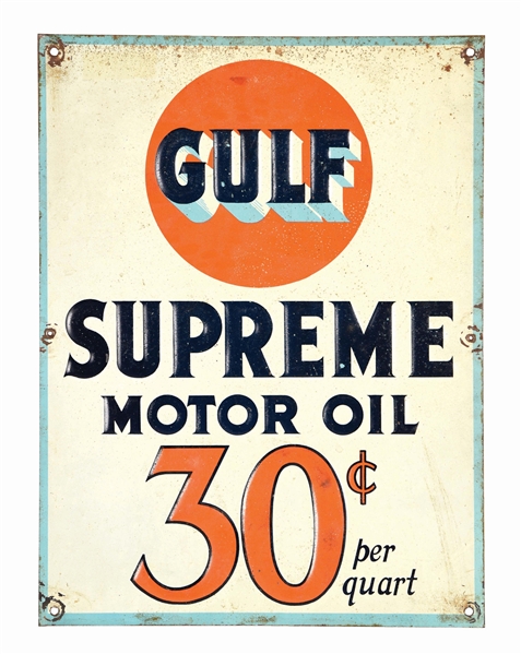 GULF SUPREME MOTOR OIL EMBOSSED TIN PRICER SIGN. 