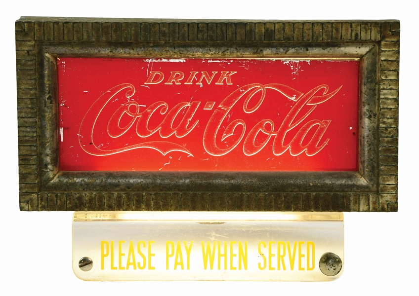 RARE DRINK COCA COLA PLEASE PAY WHEN SERVED LIGHT UP COUNTER DISPLAY.