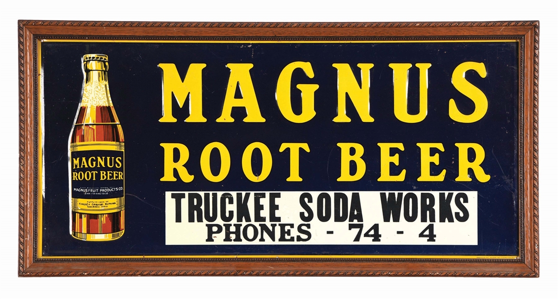 MAGNUS ROOT BEER EMBOSSED TIN SIGN W/ BOTTLE GRAPHIC & WOOD FRAME. 