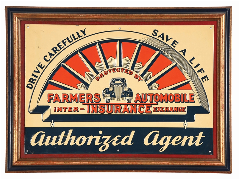 FARMERS AUTOMOBILE INSURANCE AUTHORIZED AGENT EMBOSSED TIN SIGN W/ CAR GRAPHICS. 