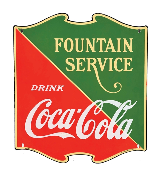 SINGLE-SIDED PORCELAIN COCA-COLA DIE-CUT FOUNTAIN SIGN.