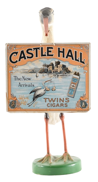 THREE-DIMENSIONAL STORK DISPLAY FOR CASTLE HALL CIGARS WITH ORIGINAL CARDBOARD SIGN.