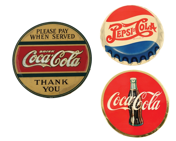 LOT OF 3: COCA-COLA AND PEPSI ADVERTISING SIGNS.