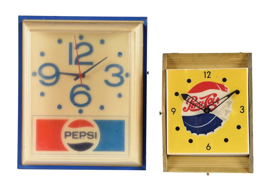 LOT OF 2: PLASTIC PEPSI-COLA LIGHT-UP CLOCKS.