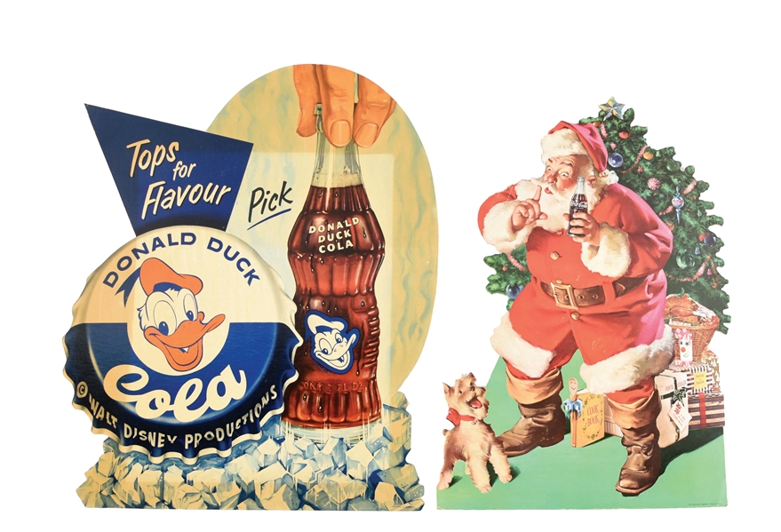 DONALD DUCK COLA AND COCA-COLA CARDBOARD CUT OUT SIGNS.