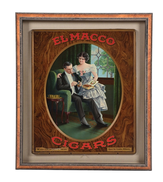 SELF-FRAMED TIN LITHOGRAPH SIGN FOR EL MACCO CIGARS.