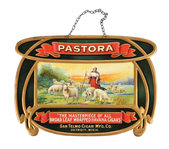 DIE-CUT TIN-LITHOGRAPH SIGN FOR PASTORA CIGAR COMPANY.