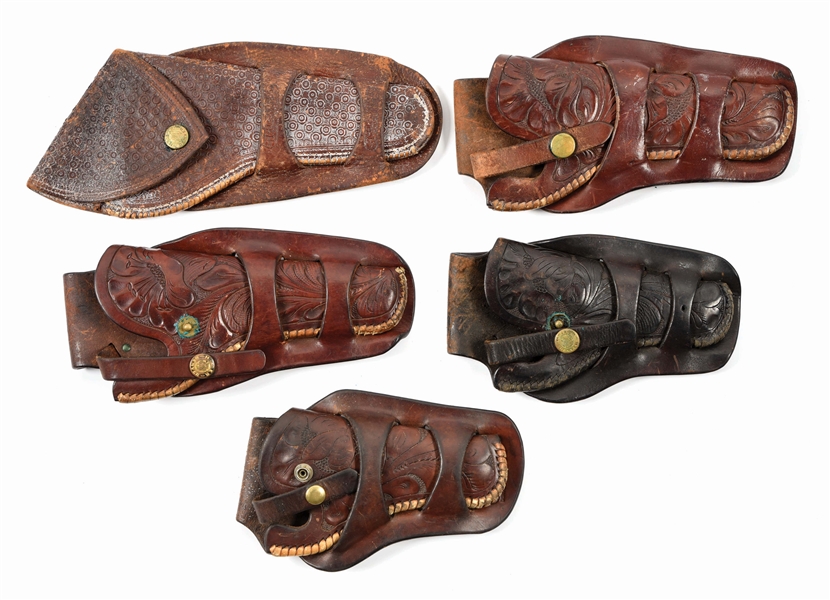 LOT OF 5: 1 COLORADO SADDLERY AND 4 H.H. HEISER LEATHER HANDGUN HOLSTERS.