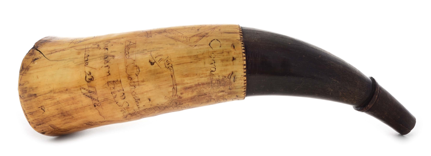 ENGRAVED AND DOCUMENTED 1778 DATED  POWDER HORN OF "ALEXANDER COLHOUN".