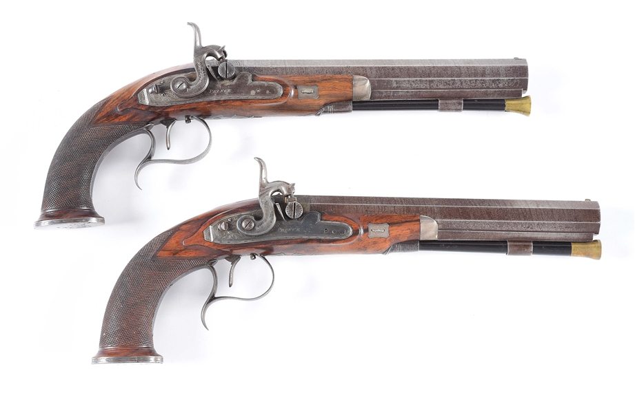 (A) ATTRACTIVE PAIR OF MARGARET PRINCE DUELLING PERCUSSION PISTOLS, IRISH REGISTERED.