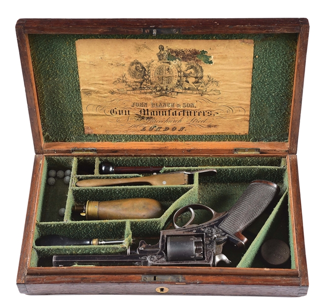 (A) ENGRAVED ADAMS & TRANTER PATENT .44 PERCUSSION REVOLVER WITH RETAILER CASE AND ACCESSORIES 