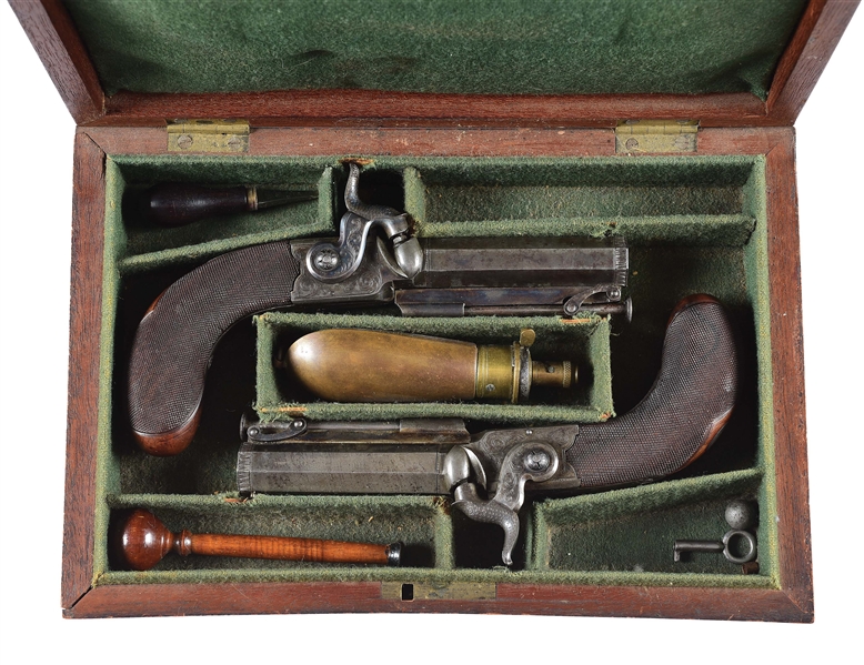 (A) CASED PAIR OF TIPPING .48 CALIBER PERCUSSION BELT PISTOLS.