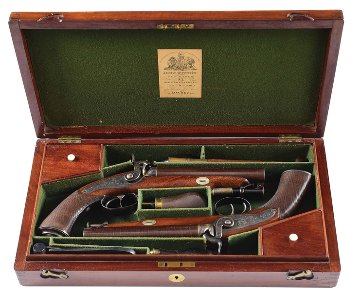 (A) PAIR OF JOHN WITTON HOWDAH DOUBLE BARREL PERCUSSION PISTOLS WITH CASE.