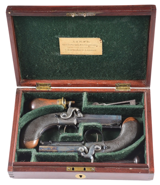 (A) PAIR OF PEACOCK LONDON MUFFS .50 PERCUSSION PISTOLS WITH CASE.