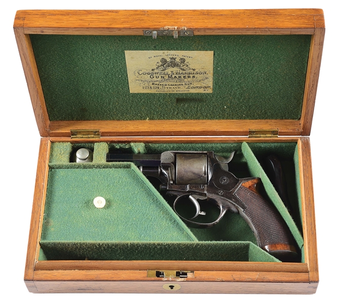 (A) COGSWELL AND HARRISON RETAILED TRANTER MODEL 1868 .450 BOXER DOUBLE ACTION REVOLVER WITH CASE AND ACCESSORIES.
