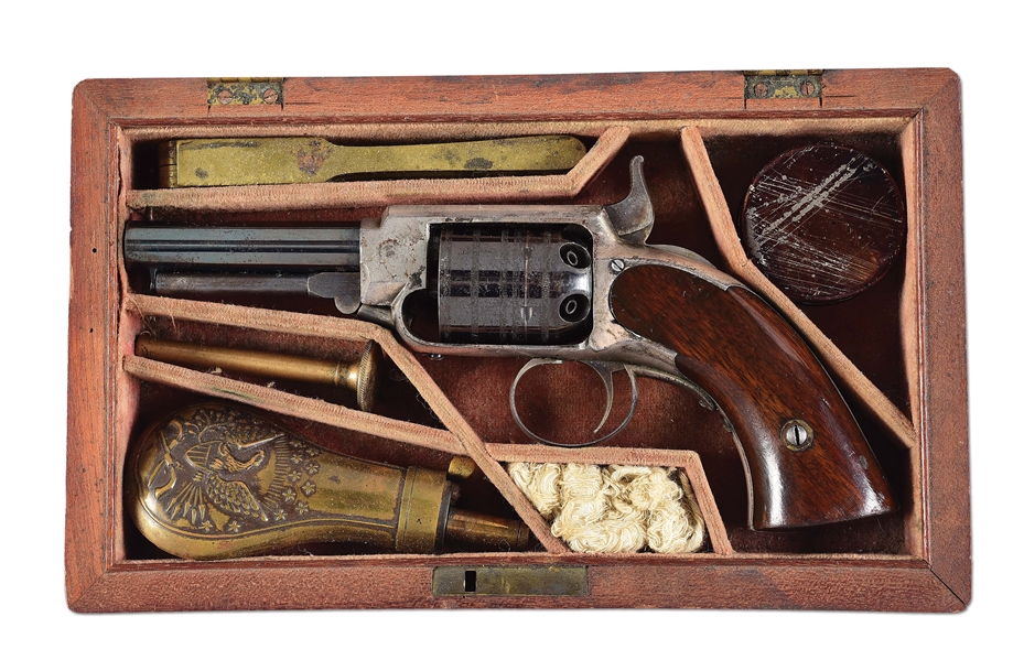 (A) WARNER 1857 .31 POCKET REVOLVER WITH CASE AND ACCESSORIES.