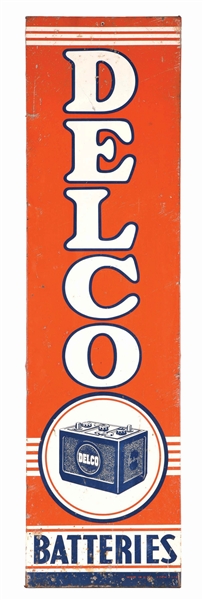 DELCO BATTERIES TIN VERTICAL SIGN W/ BATTERY GRAPHIC.