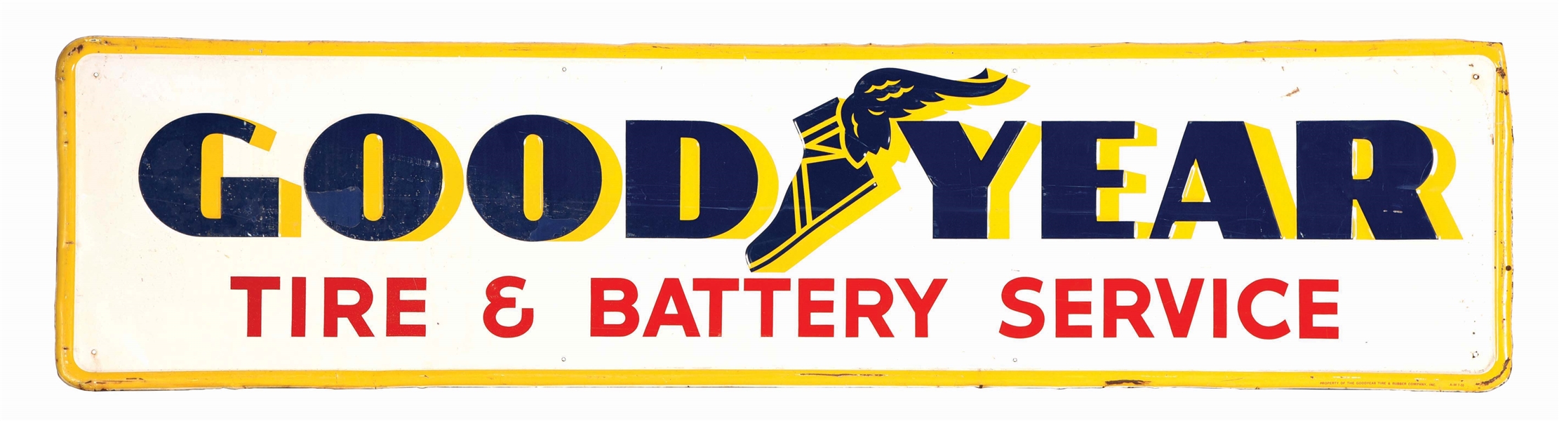 GOODYEAR TIRE & BATTERY SERVICE EMBOSSED TIN SIGN W/ SELF FRAMED EDGE. 